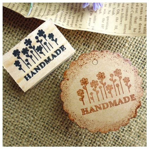 Wooden Rubber Stamp - Letter &quot;HAND MADE&quot; Rectangle