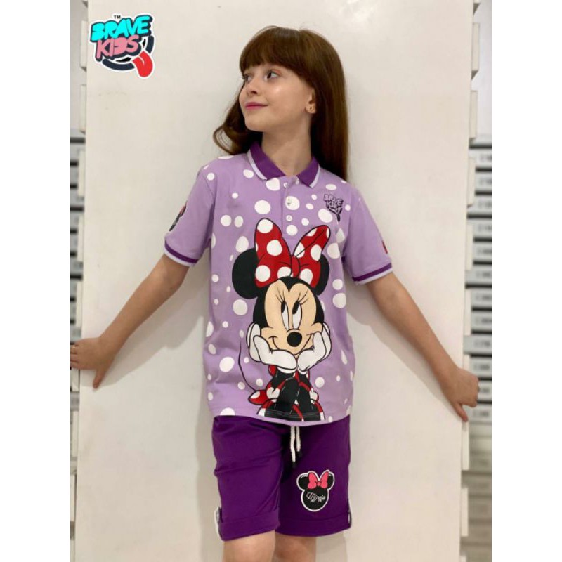 Setelan kaos lengan pendek polo anak perempuan ungu minni mouse desy