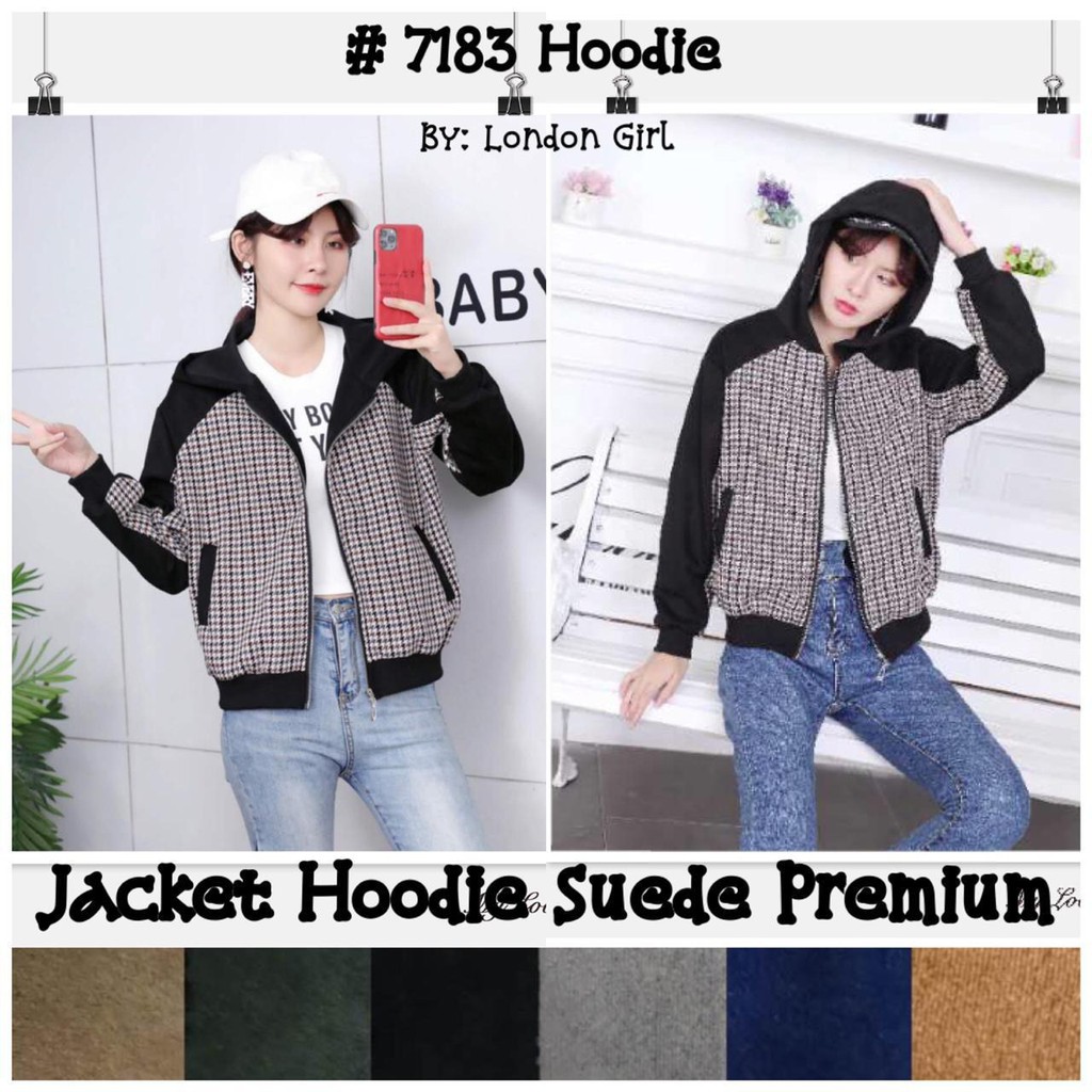 Jaket Hoodie Import Wanita Suede Lengan Panjang Grosir Ecer #7183/ Woman Import Suede Jacket