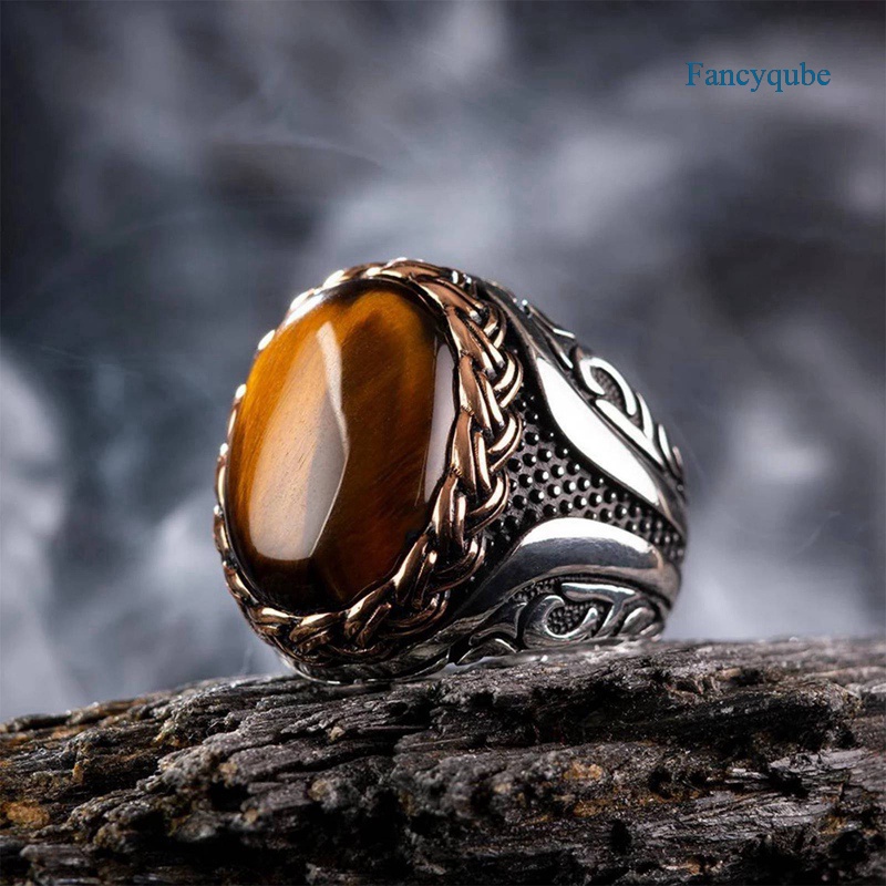 Fancyqube Cincin Ukir Spiral Batu Mata Macan Coklat Handmade Gaya Turki Vintage Untuk Pria Dan Wanita