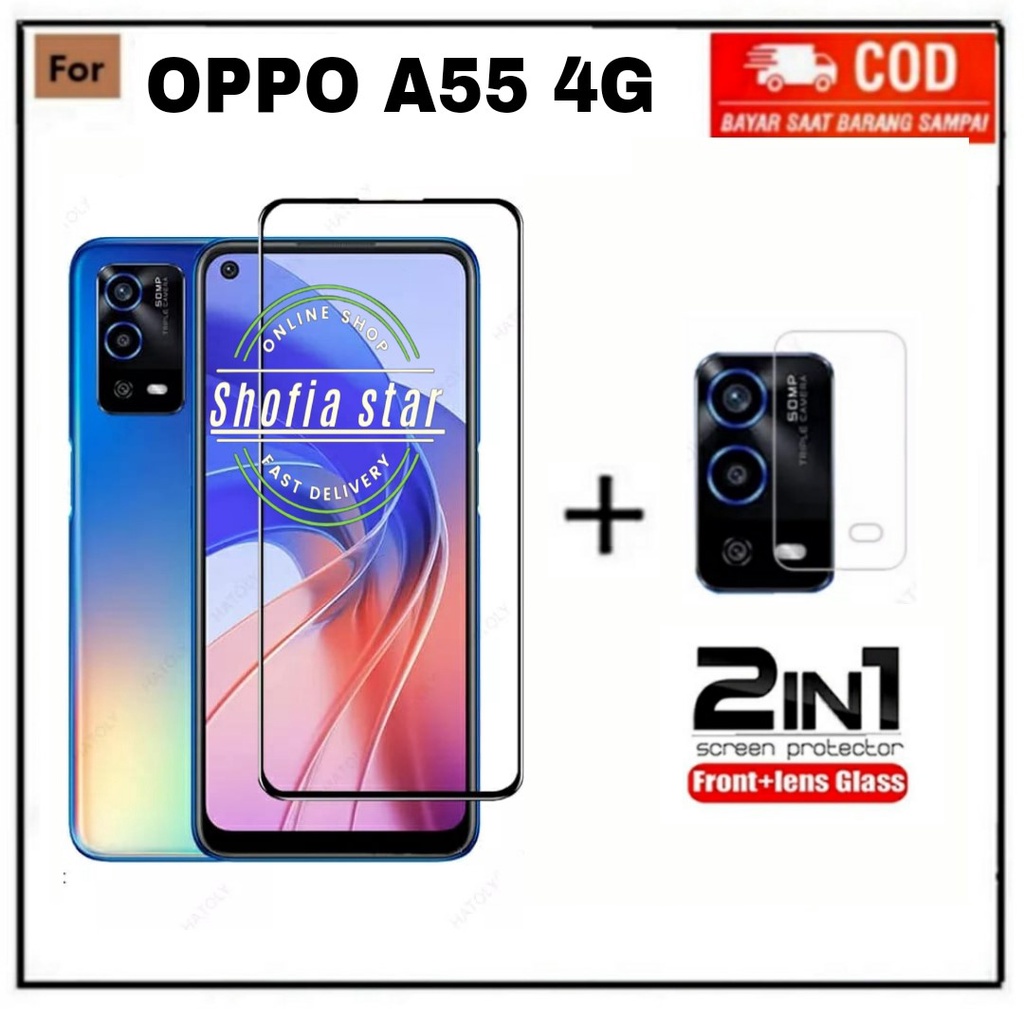 2IN1 TEMPERED GLASS OPPO A55 4G TG LAYAR ANTIGORES KACA FULL COVER