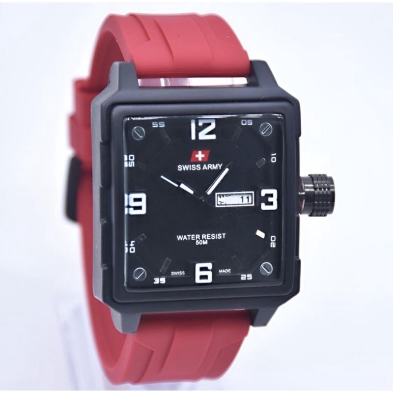 Jam Tangan Kotak Rubber Pria Tanggal Hari Strap Rubber