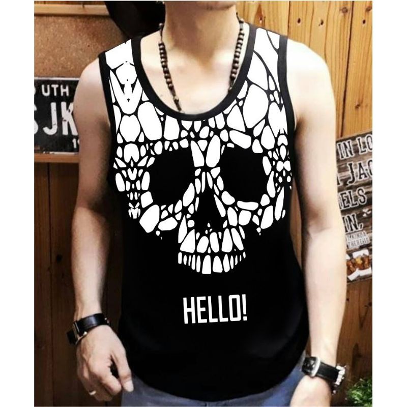 NEL-FASHION SINGLET LAOS DISTRO/T-SHIRT SINGLET TENGKORAK HELLO FIT TO L-XL