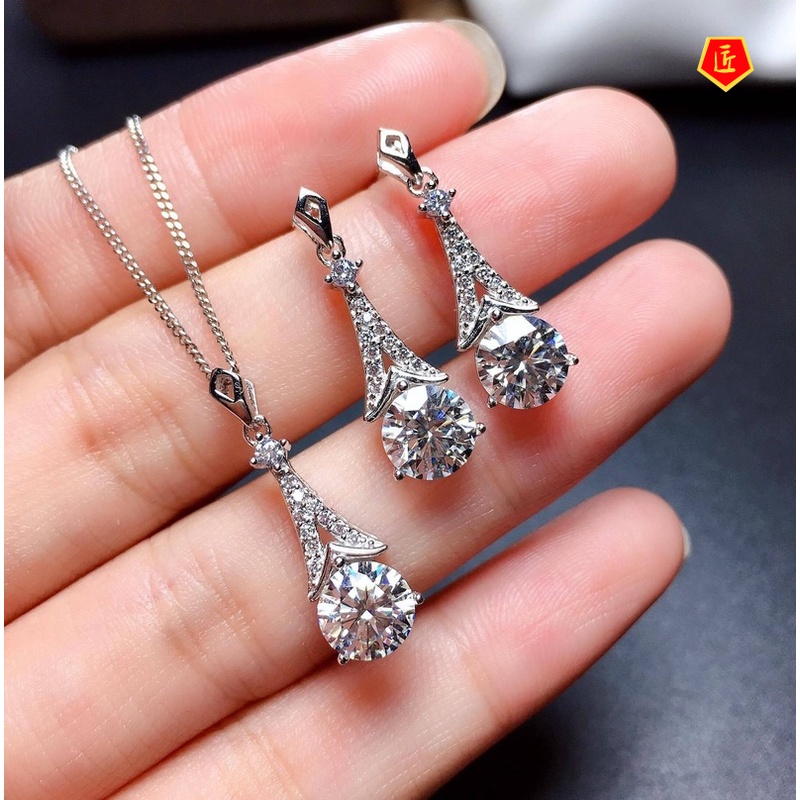 [Ready Stock]Full Diamond Green Moissanite Necklace Set Ear Studs