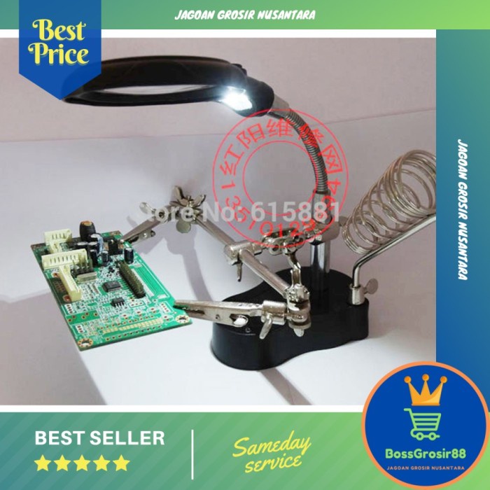 Helping Hand Kaca Pembesar Lampu LED Alat Pegangan Solder Penjepit