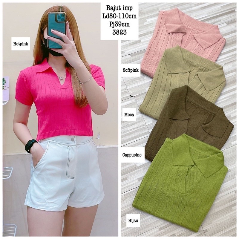 Atasan Kerah polo Rajut - Vneck Crop Top Blouse - Polo Shirt Atasan Wanita