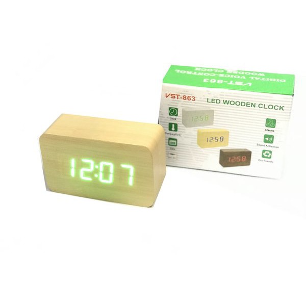 Jam Meja Digital Led Weker &amp; Digital Wood Alarm Clock 863 cream green