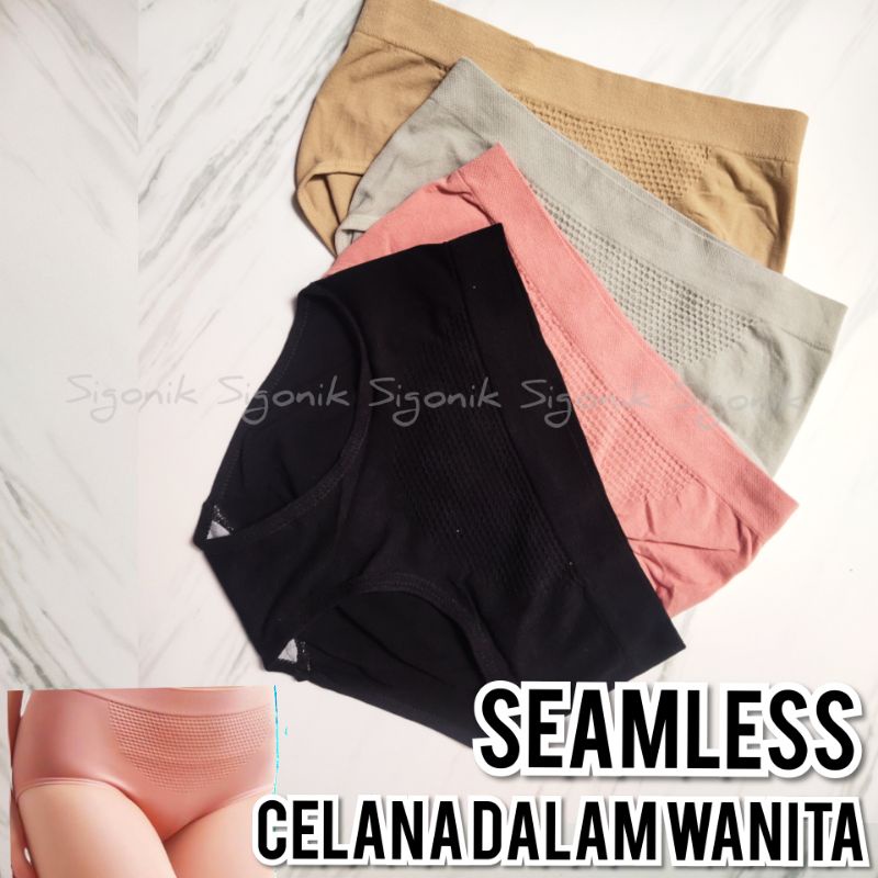 CD Celana Dalam Wanita Dewasa All Size L fit XL Briefs Elastis SEAMLESS PORI Mid Waist Bahan Katun Nilon Rajut Big Size Jumbo Melar Sigonik