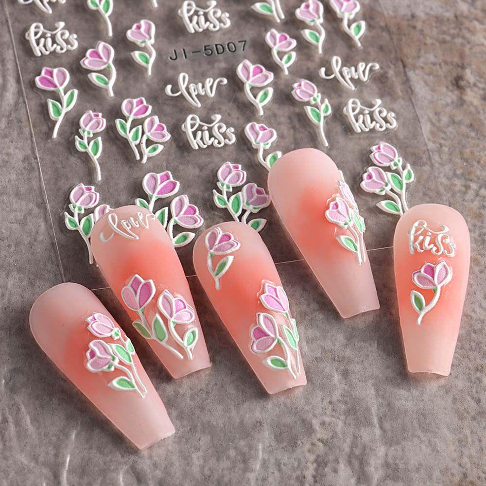 AUGUSTINA Agustina Bunga Stiker Kuku 5D Relief Alfabet Inggris Daun Self Adhesive Nail Art Dekorasi