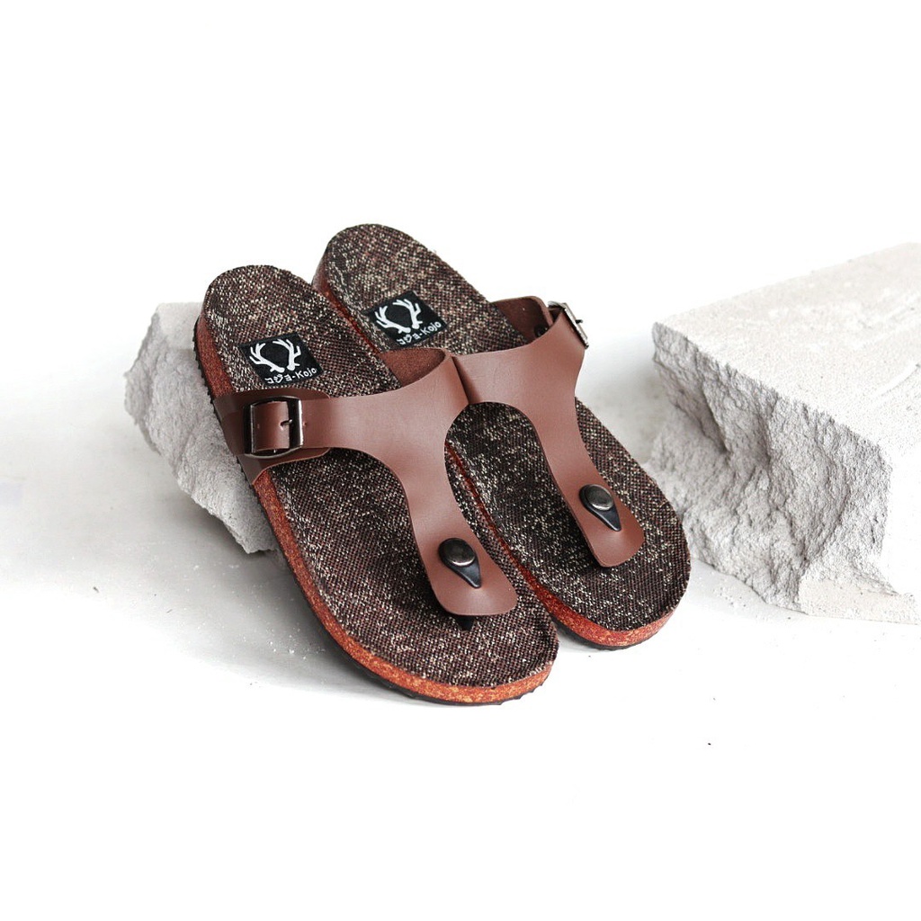 KOJO x KENICHI 1 - Sandal Pria Jepit Cowok Casual Santai Gaya Distro Kulit PU Coklat Hitam Navy Original KOJO KENICHI 01