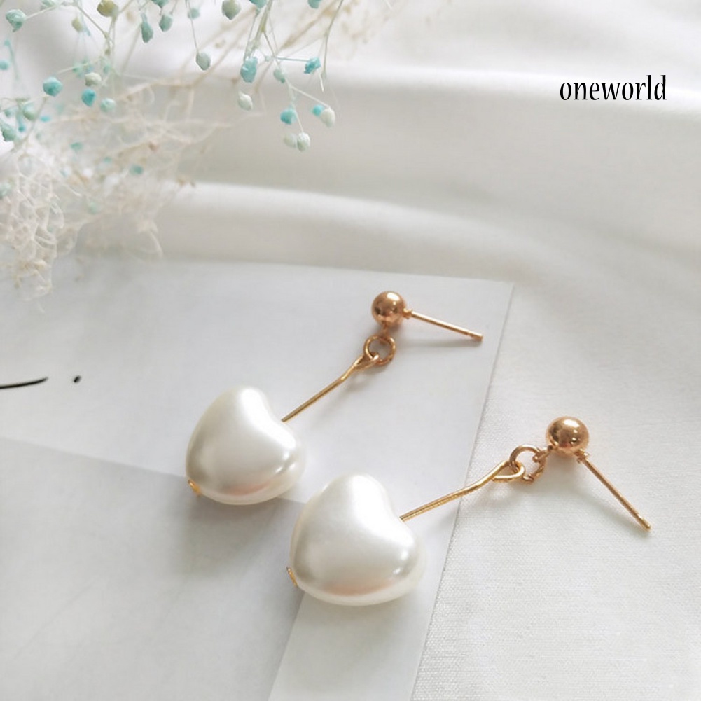 OW@ Elegant Love Heart Imitation Pearl Pendant Dangle Stud Earring Women Jewelry