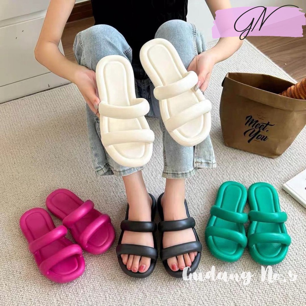 GN-6049 Sandal Selop Dua EVA Rubber Model Flat Sandal Wanita Jelly Import Balance