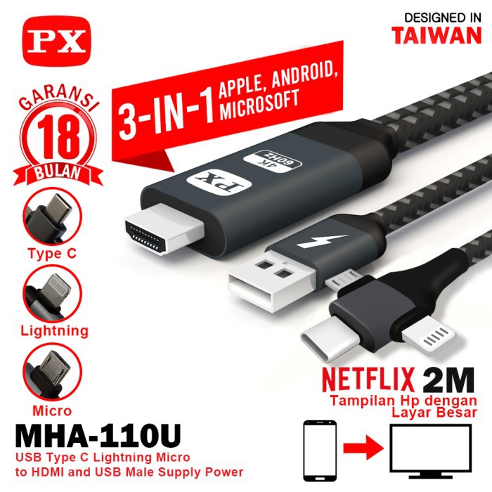 Kabel MHL PX MHA-110U HDMI To Micro TypeC Lightning ke TV IOS Android