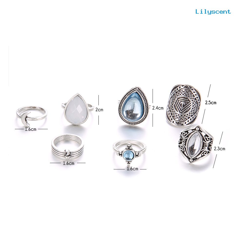 7pcs / Set Cincin Knuckle Bentuk Bulan Tetesan Air Opal Buatan Gaya Retro Untuk Wanita