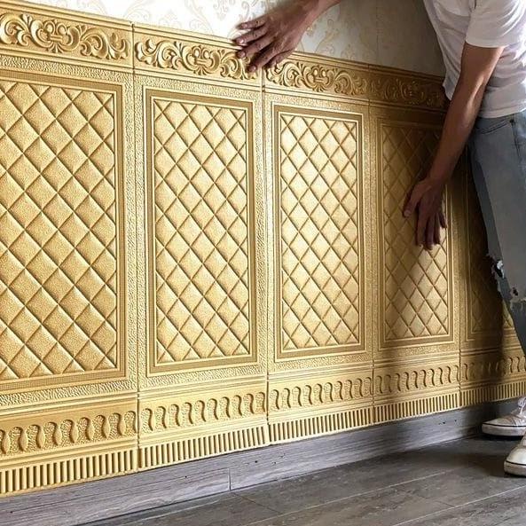 ➶ WALLPAPER 3D FOAM TIMBUL DINDING WATERPROOF MOTIF MEWAH ELEGANT ISTANA WARNA EMAS GOLD PUTIH CANTI