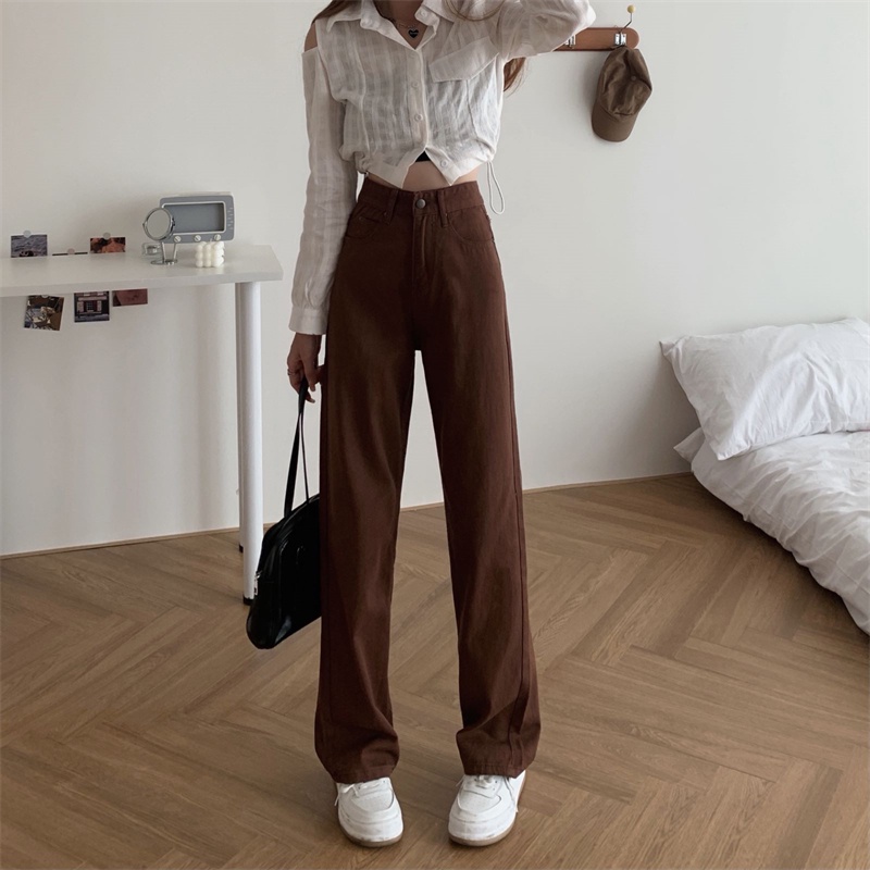 XIAOZHAINV Korean Style High Waist Celana Jeans Wanita Cokelat 8604