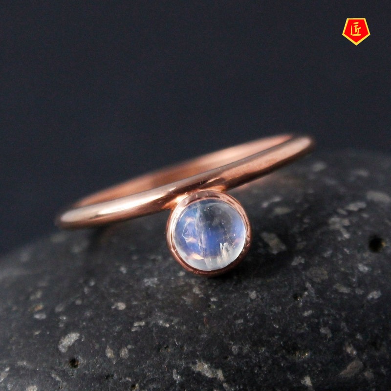 [Ready Stock]Creative round Moonstone Geometric Triangle Ring 14K Gold Personality