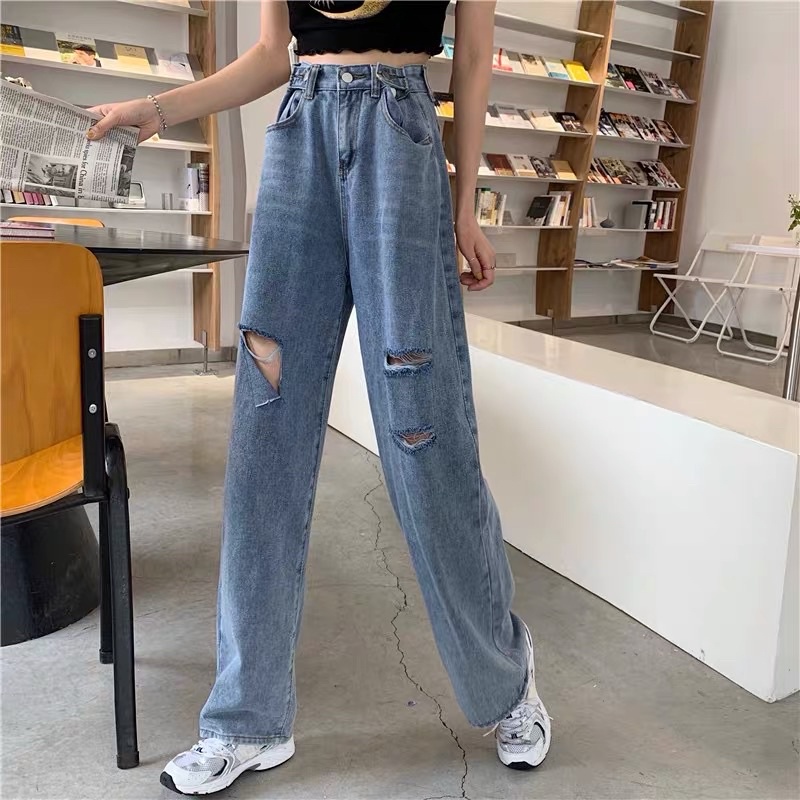 RIPPED JEANS IMPORT HIGHWAIST CELANA PANTS DENIM HW WANITA CEWEK BAGGY UNFINISH MX863