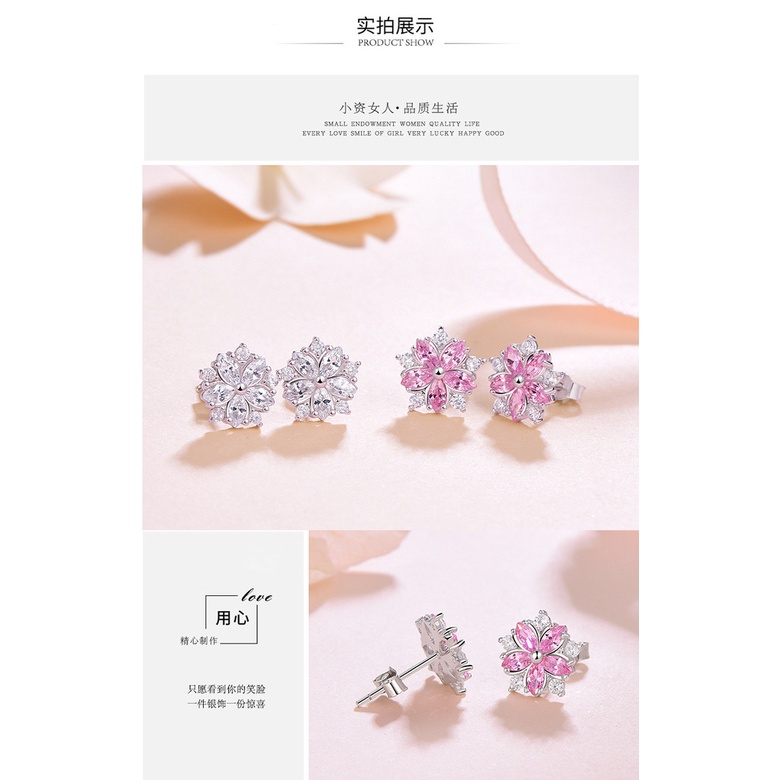 Anting Desain Bunga Sakura Bahan Stainless Warna Pink Aksen Berlian Untuk Aksesoris