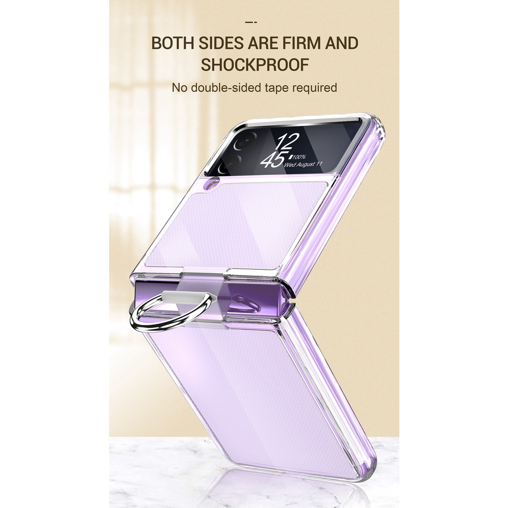 Casing Hard Case Bahan PVC Frosted Transparan Ultra Tipis Anti Jatuh Dengan Ring Holder Untuk Samsung Galaxy Z Flip 3