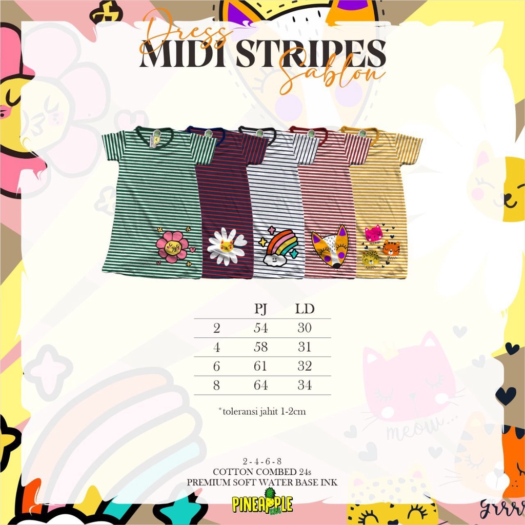 Dress Anak Midi Stripes Sablon Pineapple Original Kaos Anak Perempuan Super Premium