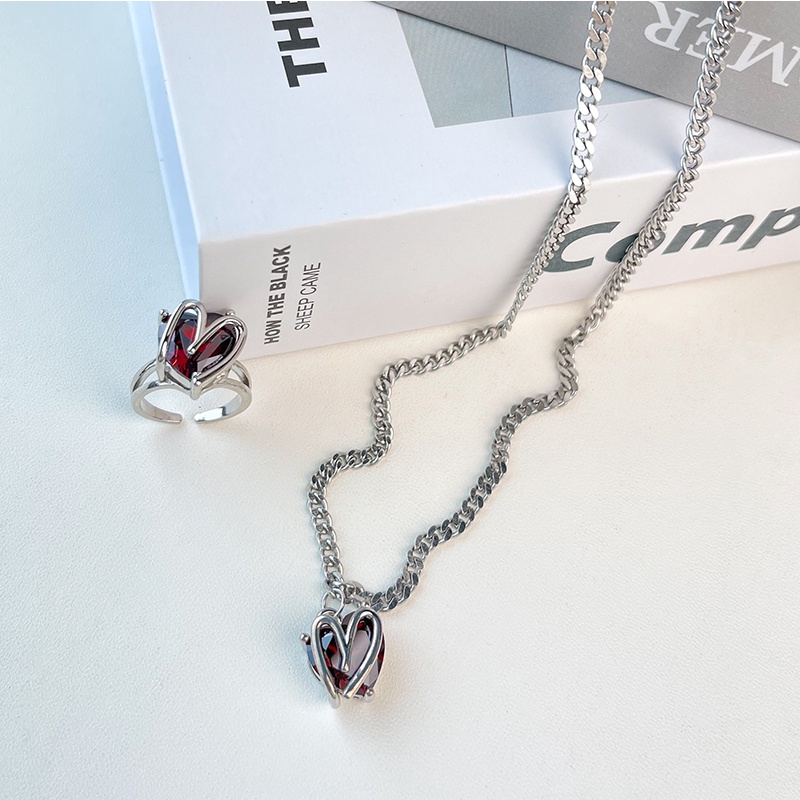 Kalung Rantai Dengan Liontin Hati Zircon Warna Merah Tua Untuk Wanita