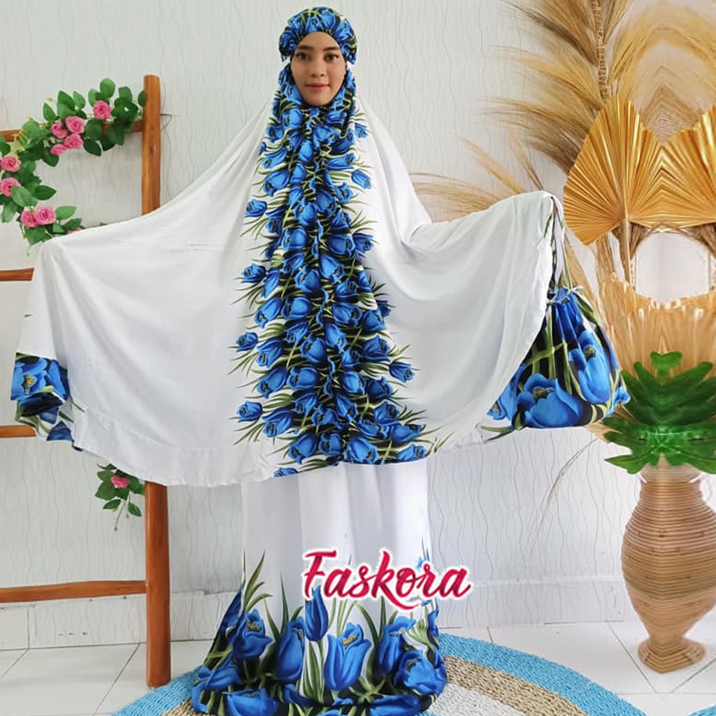 Mukena Rayon Jumbo Motif Bunga Tulip / Mukenah Bali Putih Motif Bunga / Mukenah Rayon Jumbo Putih