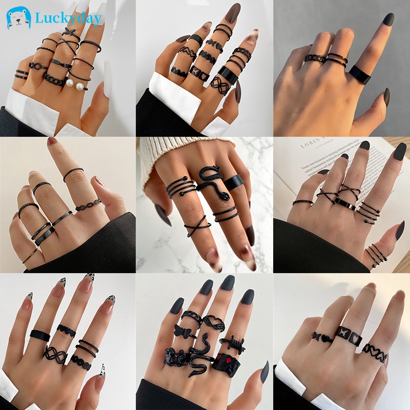 YEEZII Set Cincin Desain Butterfly Heart Cross Warna Hitam Gaya Retro Untuk Wanita