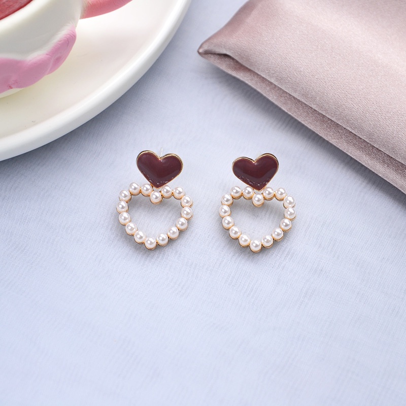 [littlecrab] Anting Wanita Bentuk Hati Maroon Anting Panjang Besar Anting Simple Elegan Maroon Woman Earrings Korean Style Anting Berkualitas