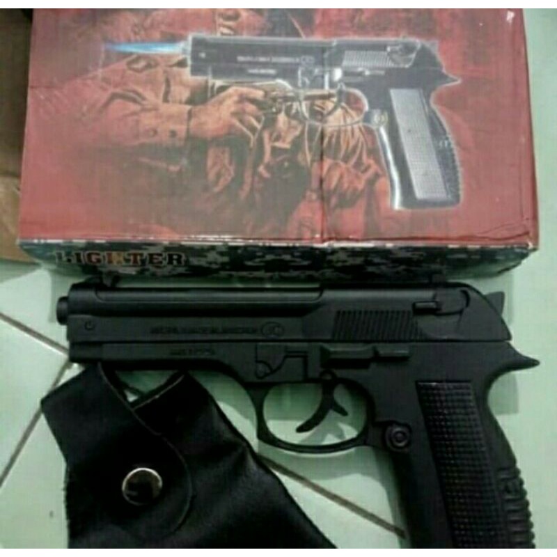 Korek Api Pistol M9 608 Silver Leather Machine//Korek Api Gas Full Besi free sarung