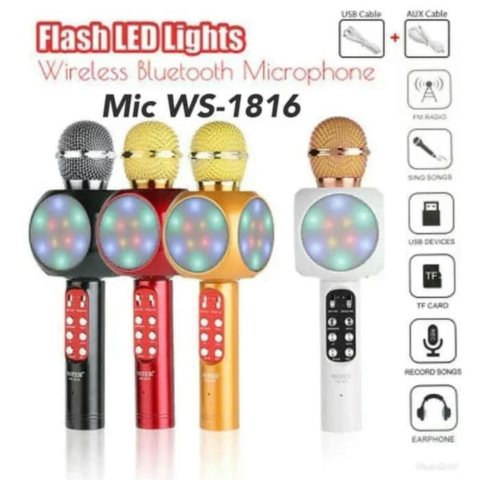 MIC BLUETOOTH KARAOKE WS 1816 MICROPHONE WIRELESS WSTER WS-1816 LAMPU LED RGB