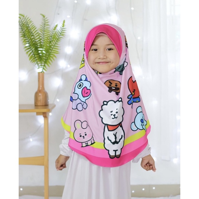 BERGO HIJAB INSTANT PRINTING ANAK MOTIF BT21 / HIJAB ANAK LUCU KARAKTER / JILBAB ANAK KEKINIAN