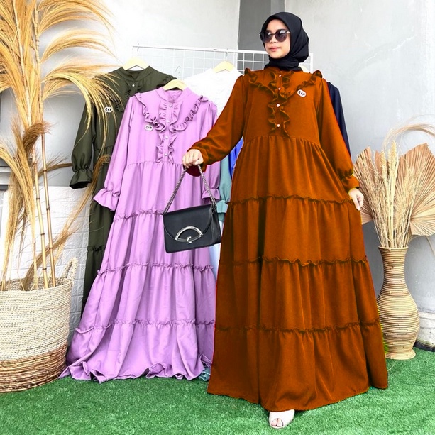 BISA COD - REFA MAXI DRESS SHAKILA PREMIUM 2UKURAN / GAMIS WANITA MUSLIM REMPEL SUSUN REFA DRESS FREE BROSS SHAKILA