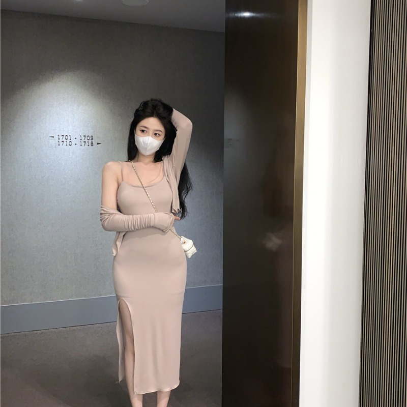 Mini Dress Seksi Temperamen Leher Bulat Pinggang Slim Mid-Length Slit Rok Wanita Musim Panas Keingin