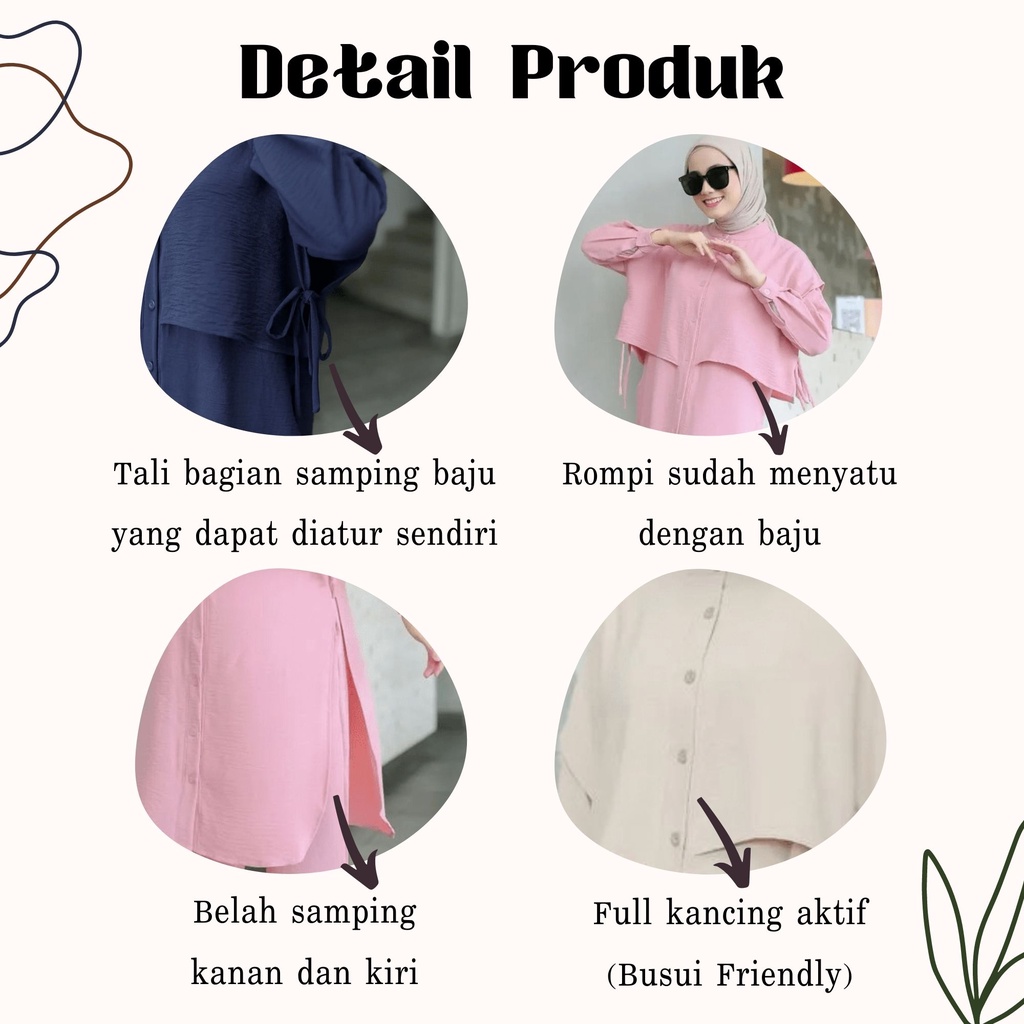 Naura Set Setelan Celana + Tunik Full Kancing Depan Bahan Airflow Crinkle Premium Polos Size XL Ld 110 Jumbo / One Set Celana dan Tunik Wanita Remaja Belah Samping / Setcel Atasan dan Bawahan Wanita Kekinian 2022 / Stelan Long Tunik Terbaru