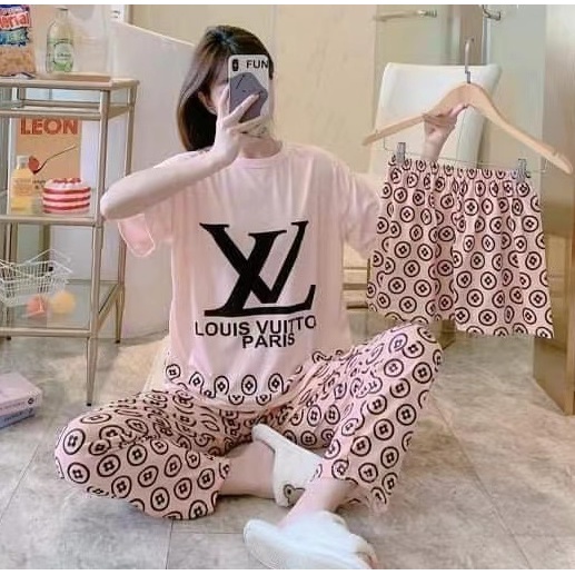 AJW Shop Piyama 3 in 1 | Piyama Lengan Pendek | Baju Tidur Impor | Baju Tidur 3in1-L Pink