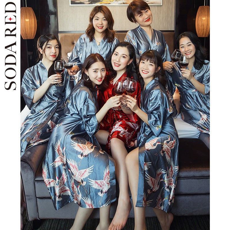 Piyama Wanita Sutra Seksi Baju Tidur Merah Pernikahan Gaun Pengantin Pernikahan Bridesmaid Jubah