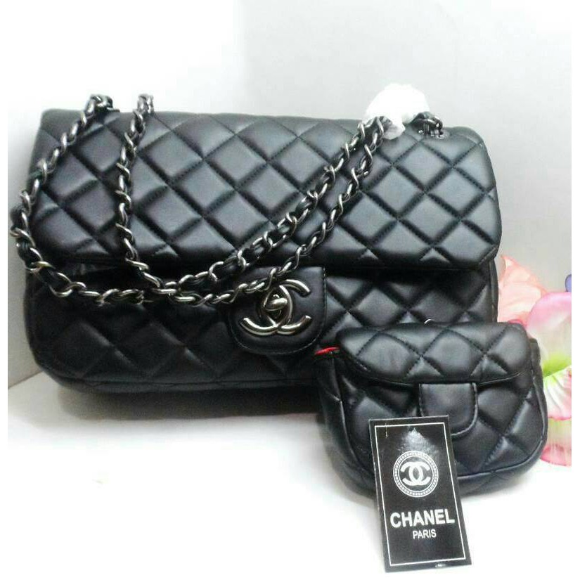 Terbatas Tas Branded Chanel Mom Kids Anak Tali Rantai Blacknickel Warna Hitam