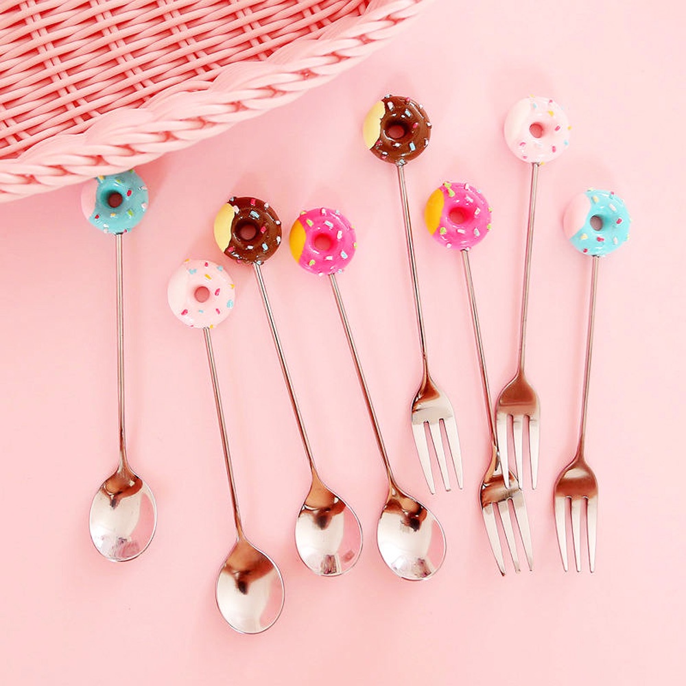 REBUY Doughnut Teaspoon High Quality Fruit Fork Coffee Spoon Ice Cream Kitchen Tool Creative Stainless Steel Fashion Sugar Stirring Spoon