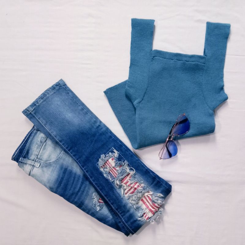 Tank Top Rajut Wanita | Korean Knit Tank Top | Tank Top Wanita Square Neck | Style Korea | Tank Top-Denim