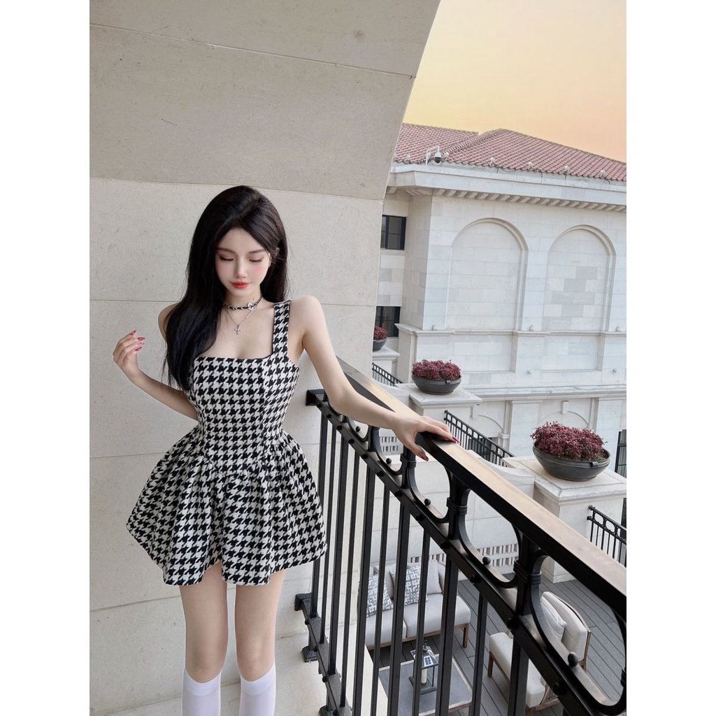 2022 musim semi houndstooth wanita lengan panjang kardigan mantel + suspender gaun rok tutu setelan