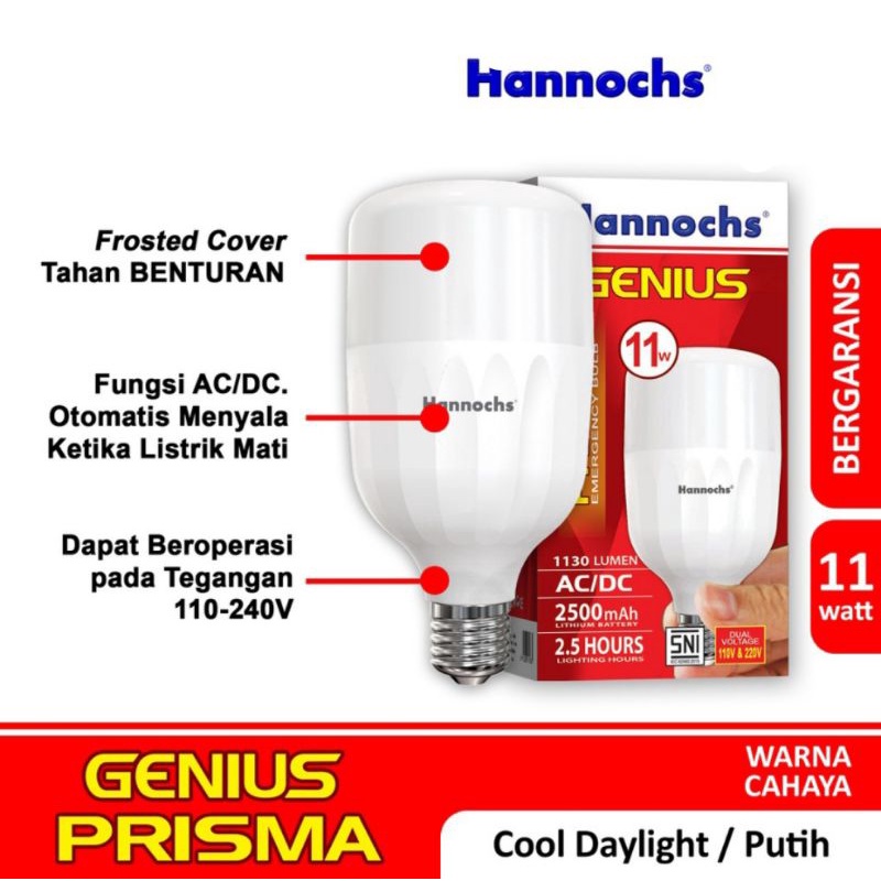 Hannochs Lampu Emergency LED AC/DC Genius Prisma 11 Watt Cahaya Putih Emergency Lamp Darurat