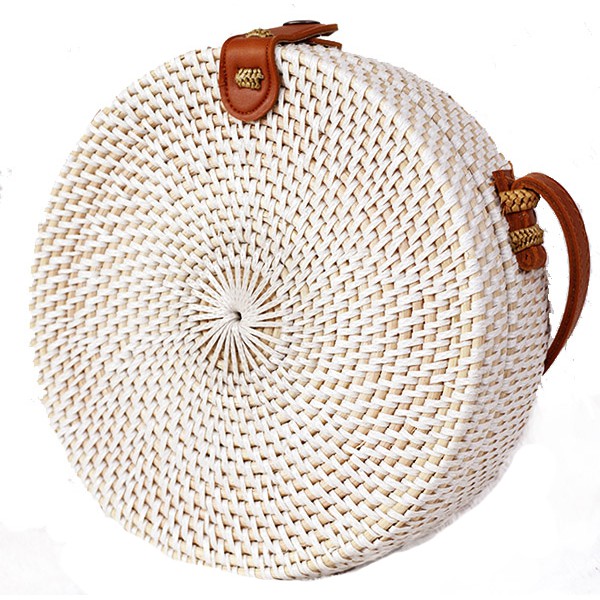 Sweet Honey ~ Grosir Tas Rotan Bulat Putih Polos Tali Gesper Adjustable Raisa White Diameter 15cm dan 20cm