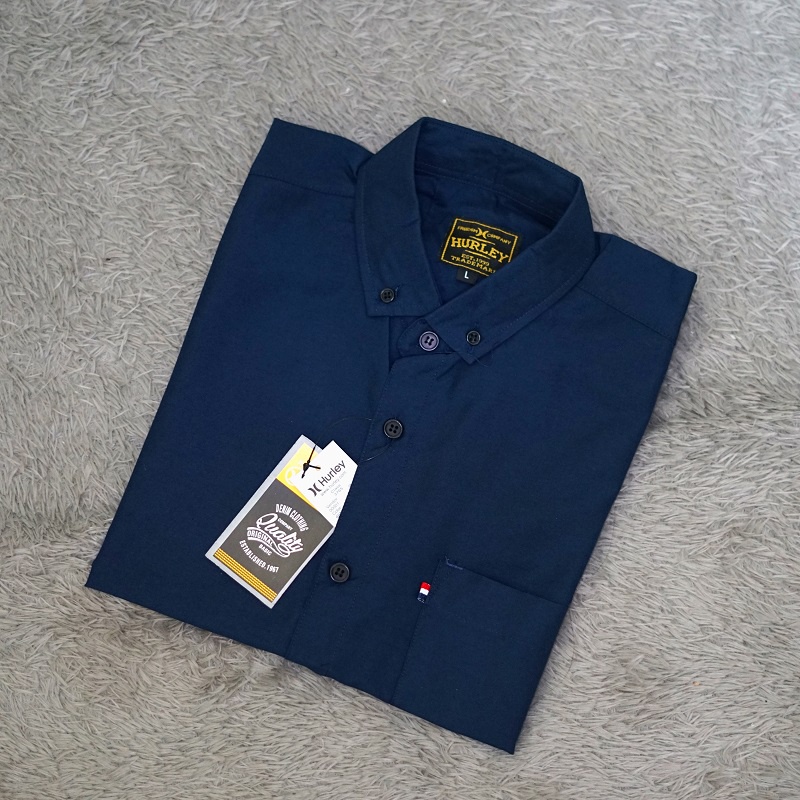 Kemeja Biru Navy Polos Pria Lengan Pendek Distro Hurley Premium Quality