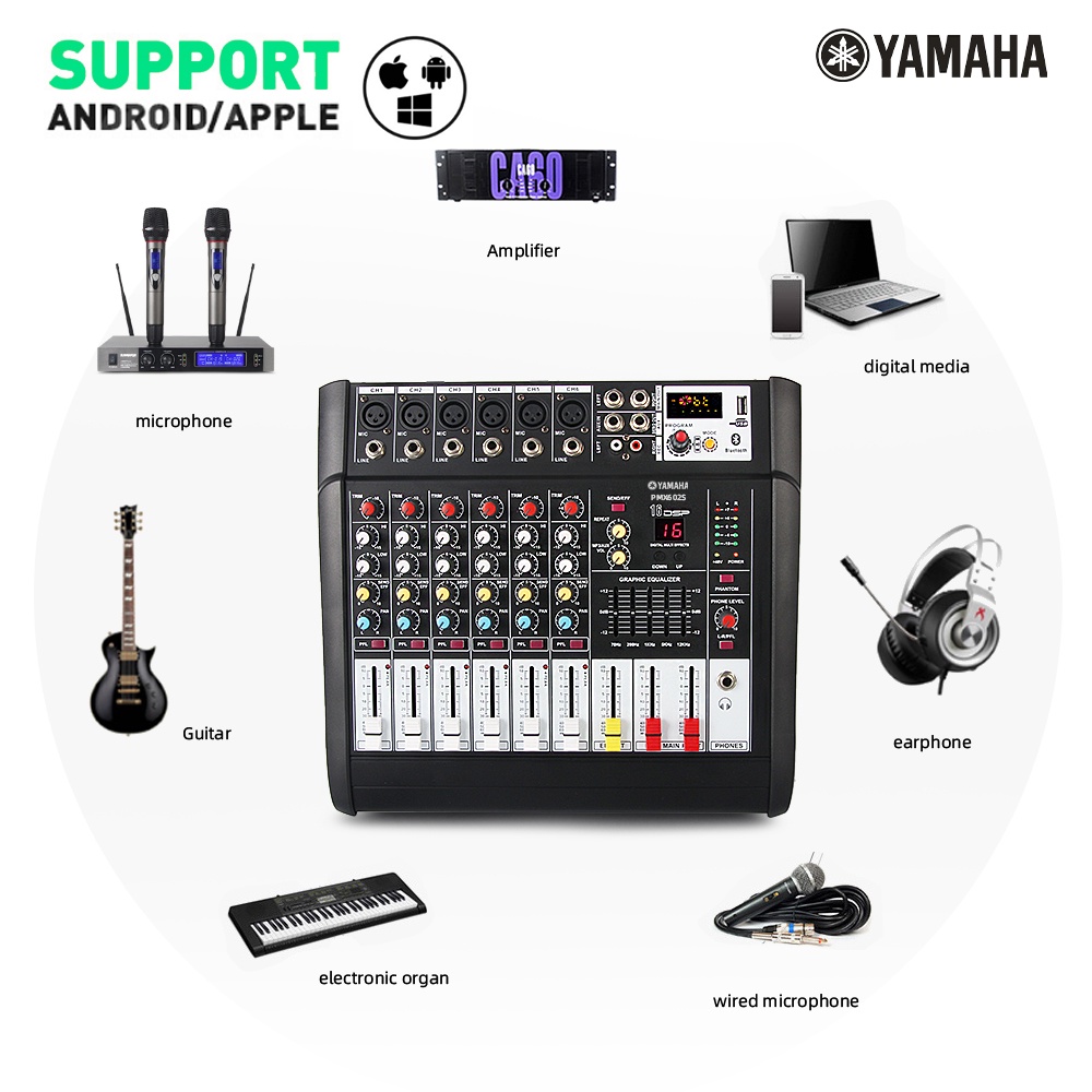 PMX602 Audio mixer Power amplifier wireless microphone 3 in 450W dua saluran mixer 6 saluran Mendukung pemutaran Bluetooth/USB/MP3 Cocok untuk keluarga, KTV, bernyanyi di luar ruangan