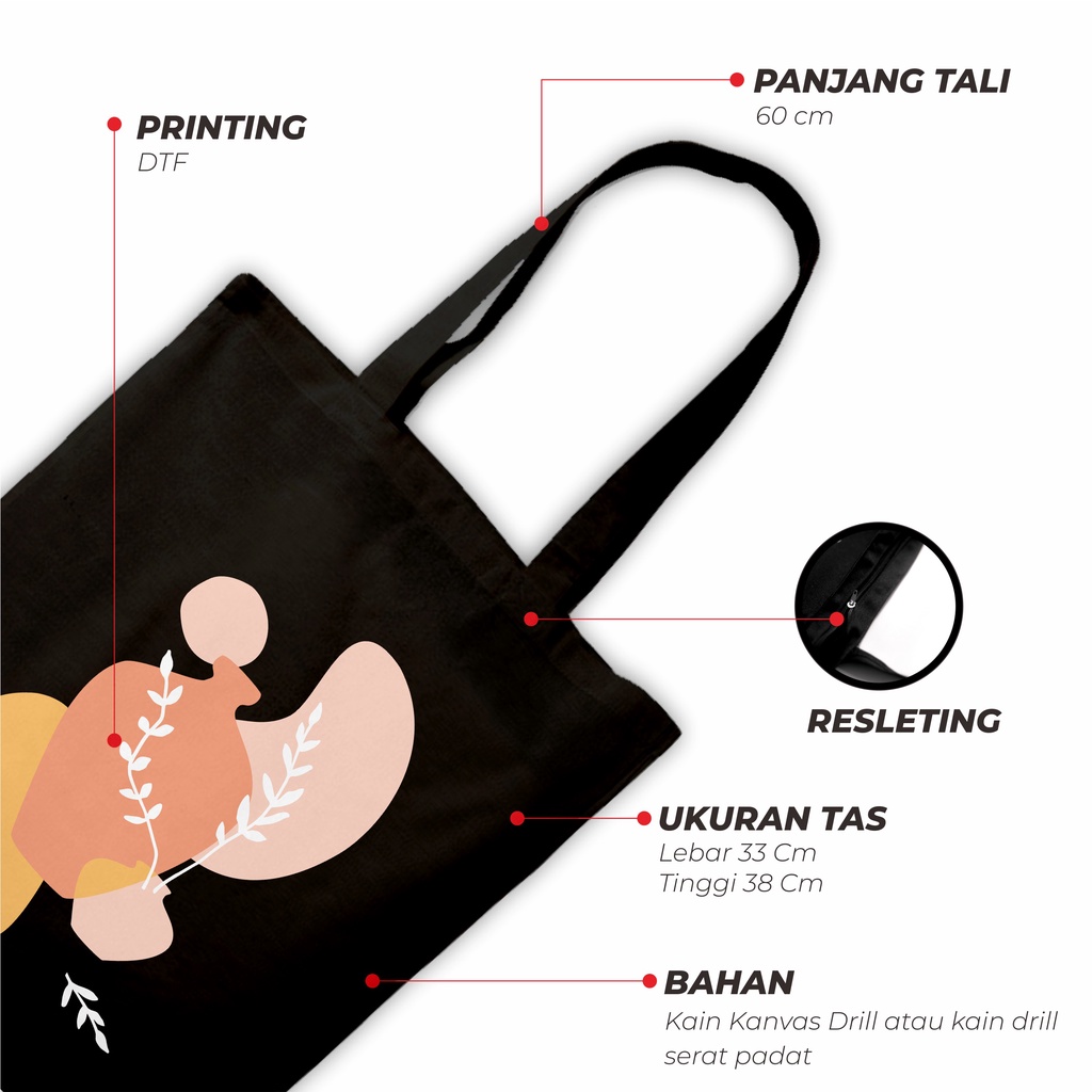 Sevine Totebag Wanita Fashion Tas Tote Bag Resleting Motif Line art Hijab Black Series Hitam - WHF4