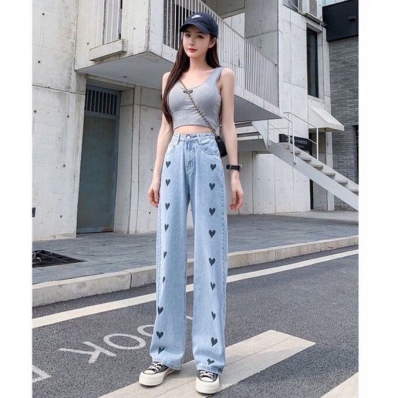 Celana Kulot Jeans Highwaist Love Wanita BF Jeans Bordir Love