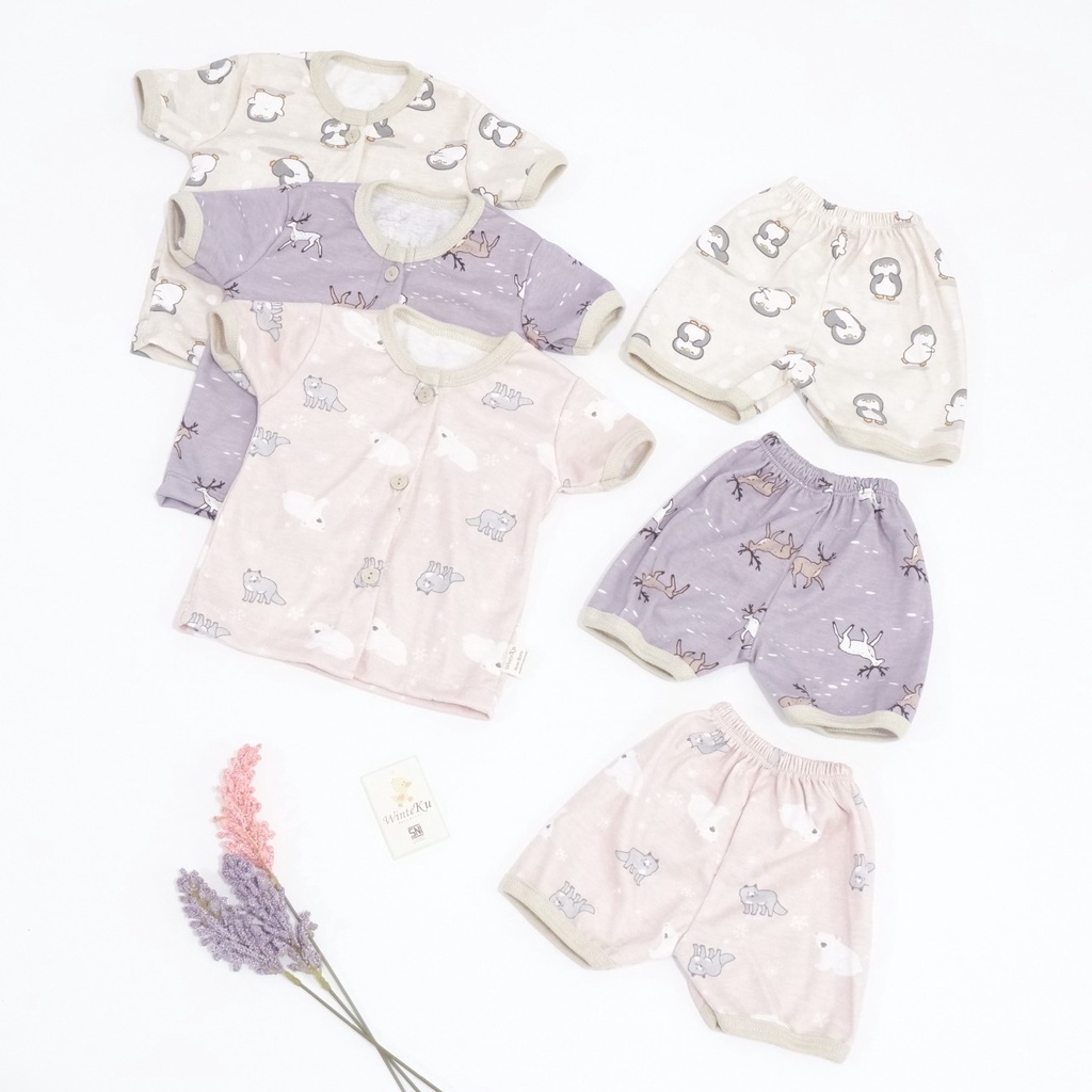 Winteku Baju Setelan Pijama Pendek Kancing Depan Bayi Motif Artic New Born 1 2 Tahun