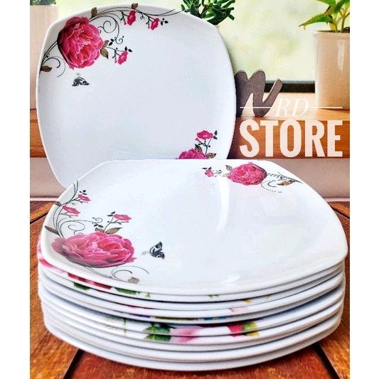 PROMO 12.PCS PIRING PERSEGI CEPER PRASMANAN MELAMINE MOTIF ROSE