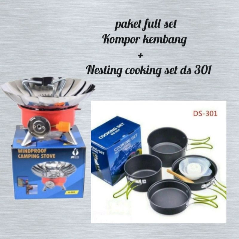 Paket Cooking set isi 4 DS 301 + Kompor Windproof kemping Nesting camping COOKING SET DS 301